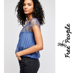 🆕 Free People Blue Top. Elastic Neckline, Lace Shoulder & Sequin Details. NWT